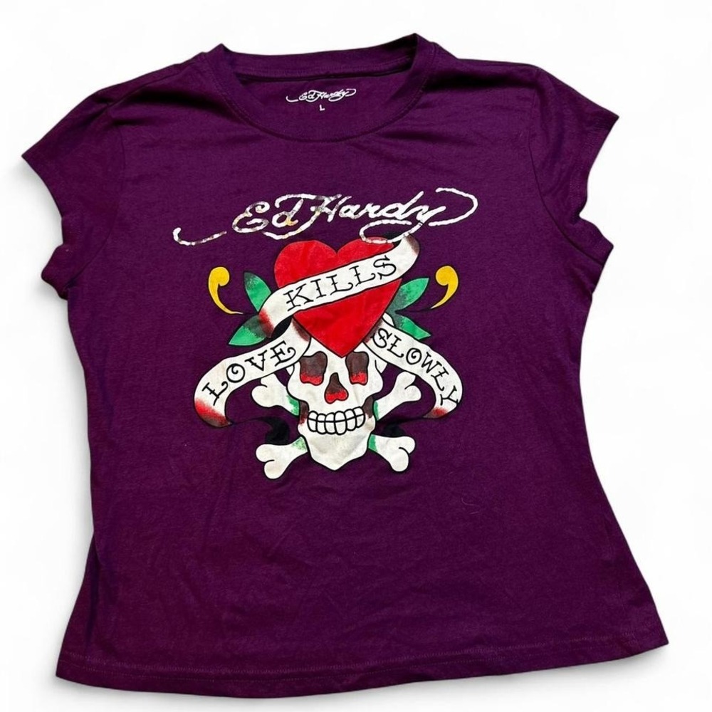 Ed hardy y2k style baby doll tattoo purple tshirt size‎ large